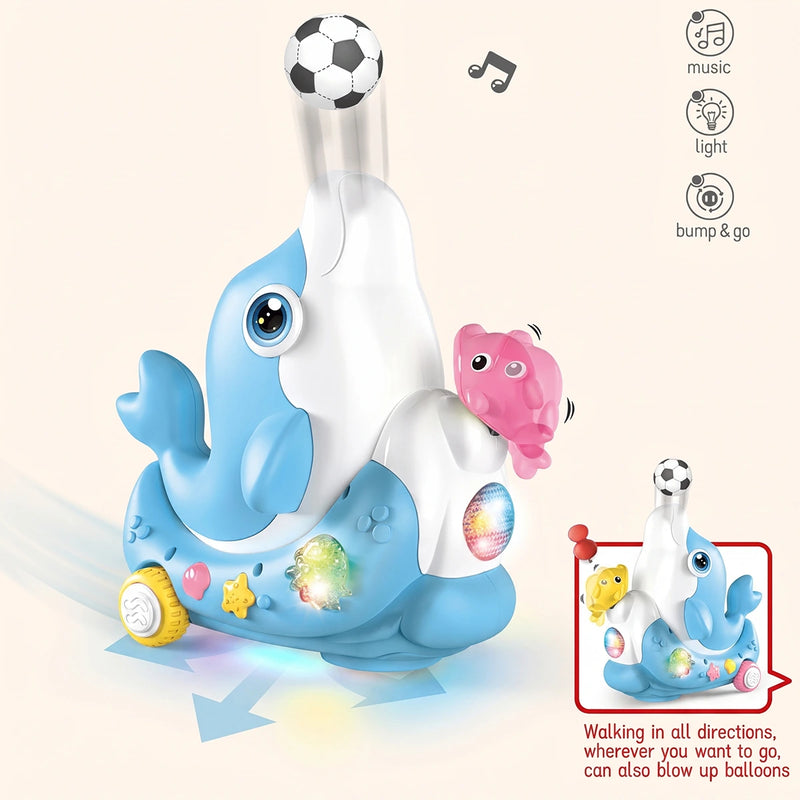 A blue dolphin-shaped musical toy that blows air to float a small soccer ball