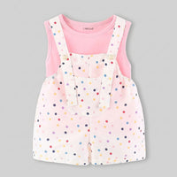 Girls Pink Round Neck Sleeveless Top With Polka Dot Dungaree Sets Sets