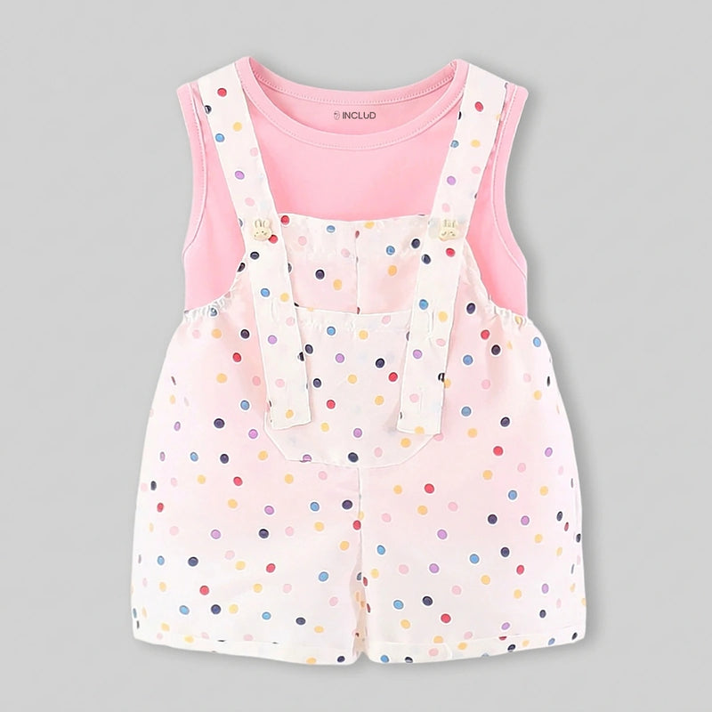Girls Pink Round Neck Sleeveless Top With Polka Dot Dungaree Sets Sets
