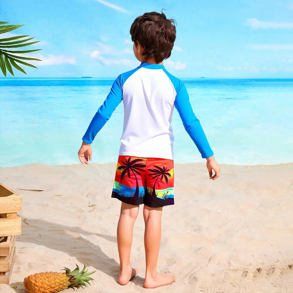 Boys Light Blue Tropical Printed Long Sleeves T-Shirt & Shorts Swimsuit Sets Sets