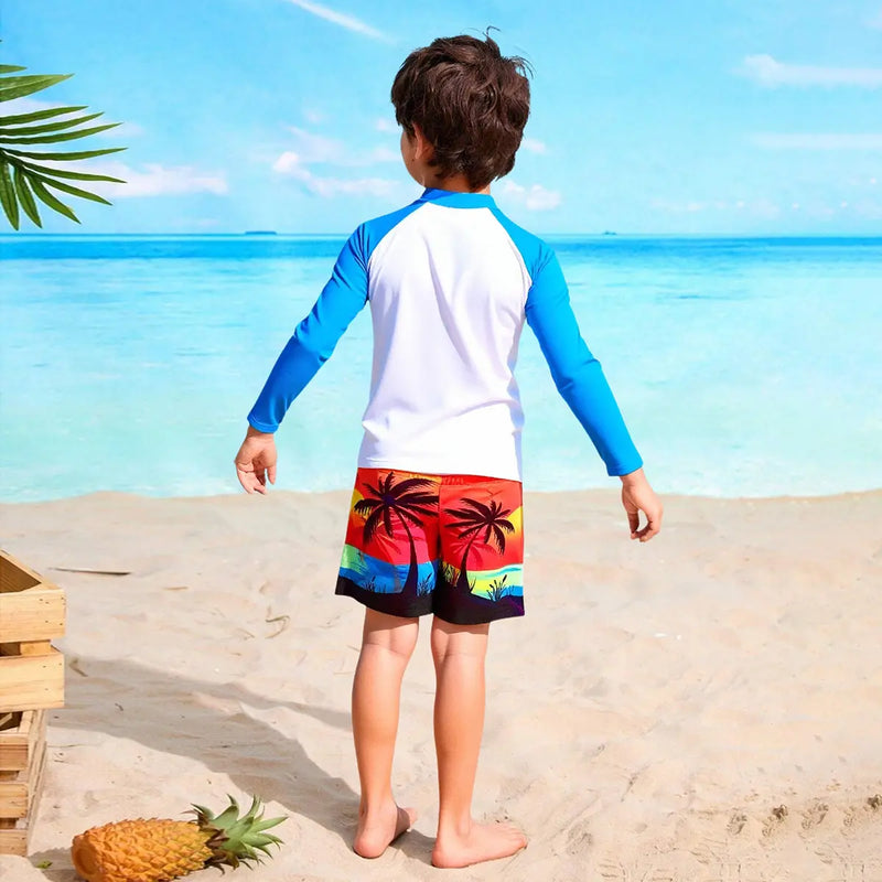 Boys Light Blue Tropical Printed Long Sleeves T-Shirt & Shorts Swimsuit Sets Sets