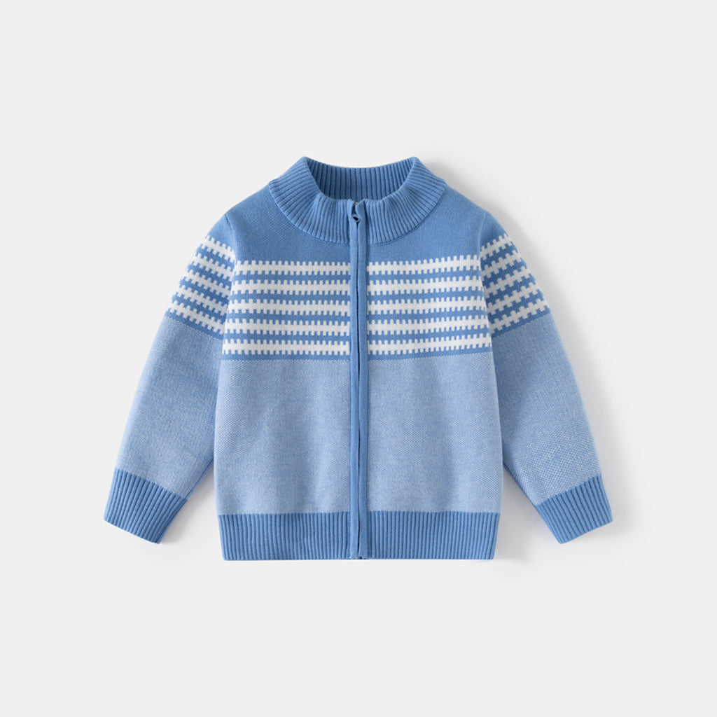 Boys Light Blue Front Zipper Cardigan With Self-Design Stripe Patterns Sweaters & Cardigans