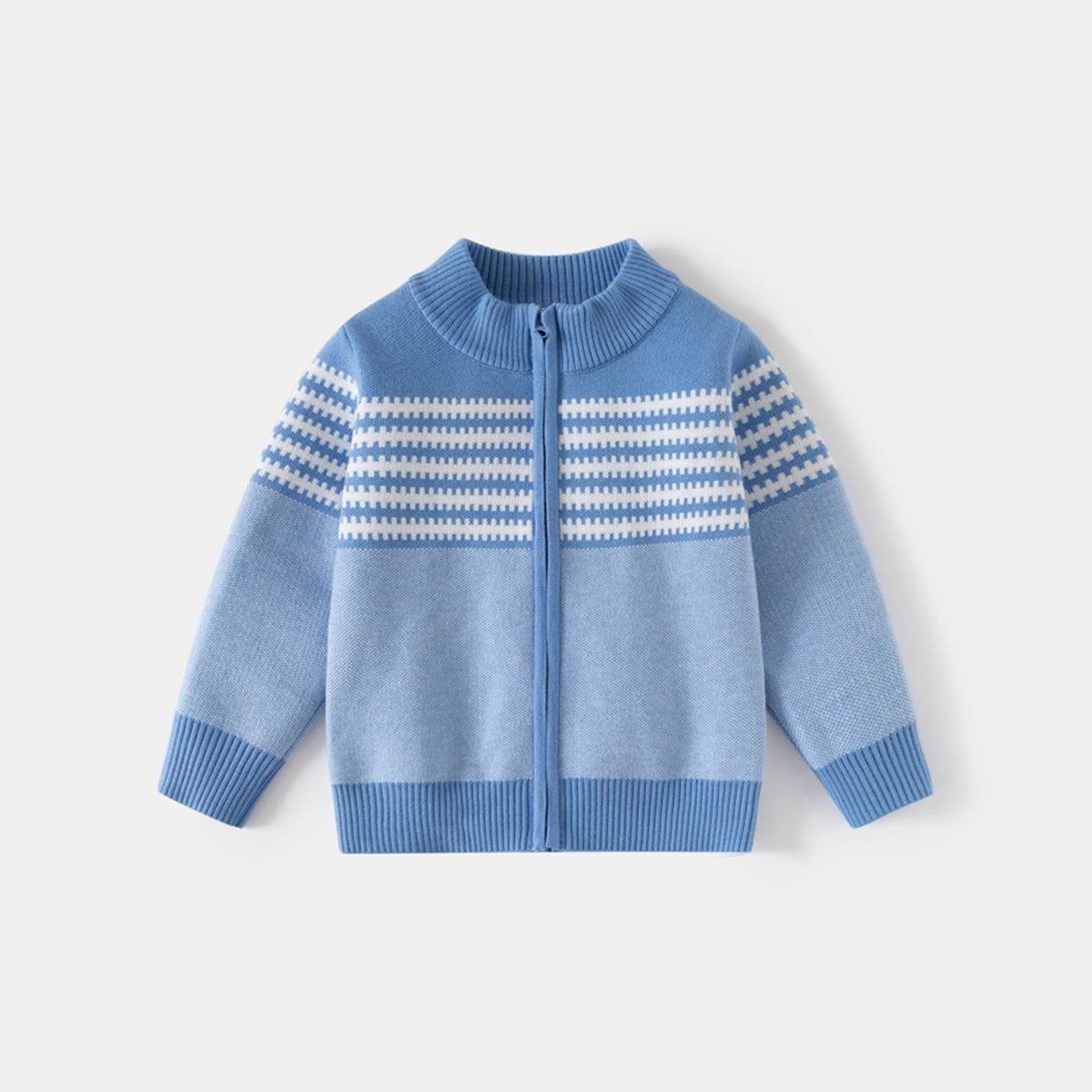 Boys Light Blue Front Zipper Cardigan With Self-Design Stripe Patterns Sweaters & Cardigans