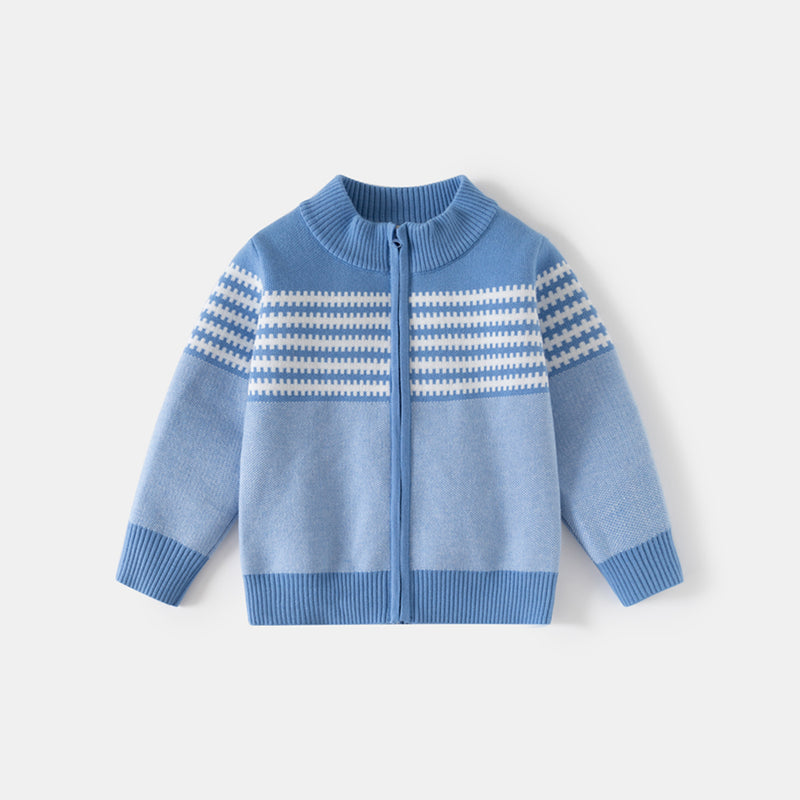 Boys Light Blue Front Zipper Cardigan With Self-Design Stripe Patterns Sweaters & Cardigans