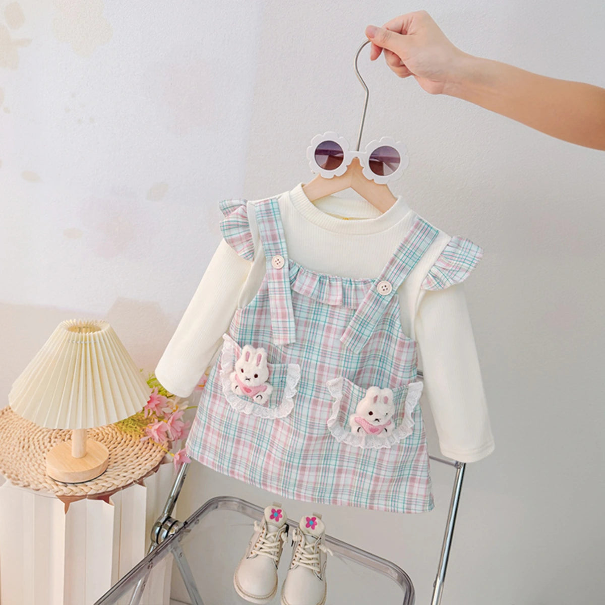 Girls Blue Checked Bunny Applique Round Neck Pinafore Dress Casual Dresses Blue 1-2 Y