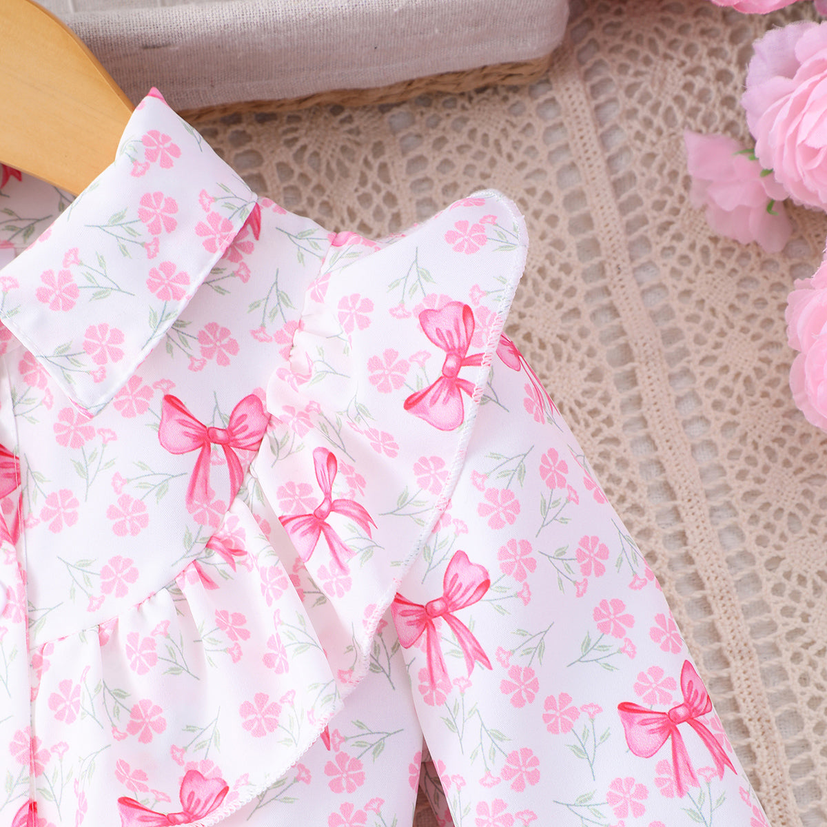 Girls Pink Bow Printed Fit & Flare Winter Casual Dress Casual Dresses