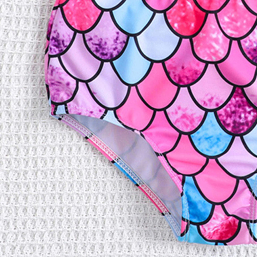 Girls Pink Abstract Print One Shoulder Top With Briefs Swimwear Sets Sets