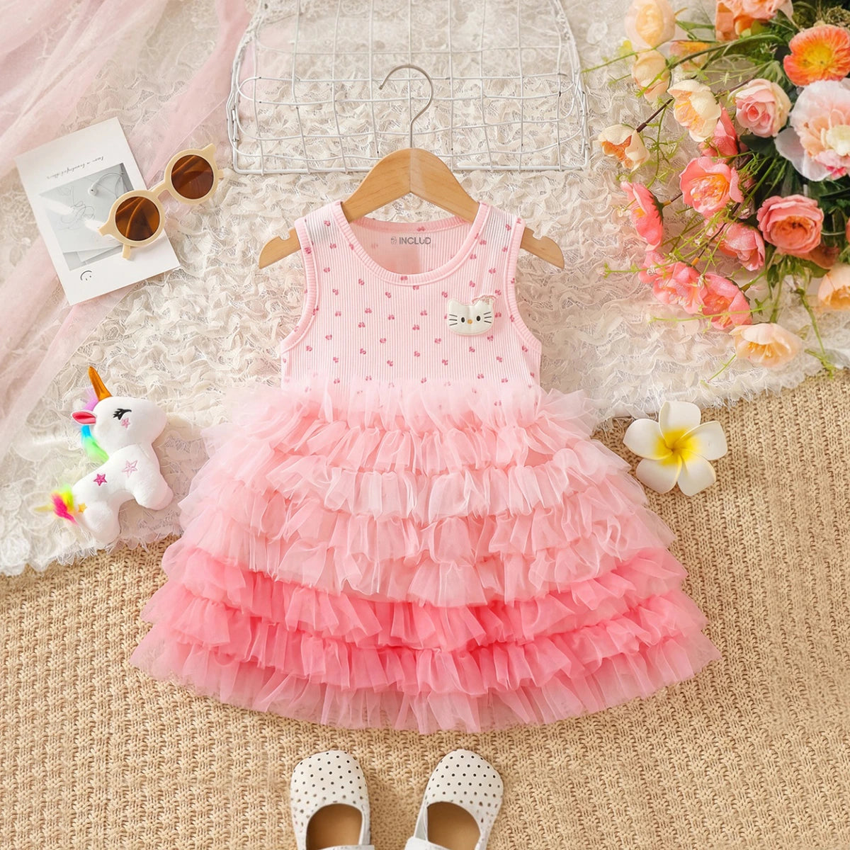 Girls Light Pink Kitty Applique Sleeveless Tiered Dress Casual Dresses Light Pink 1-2 Y