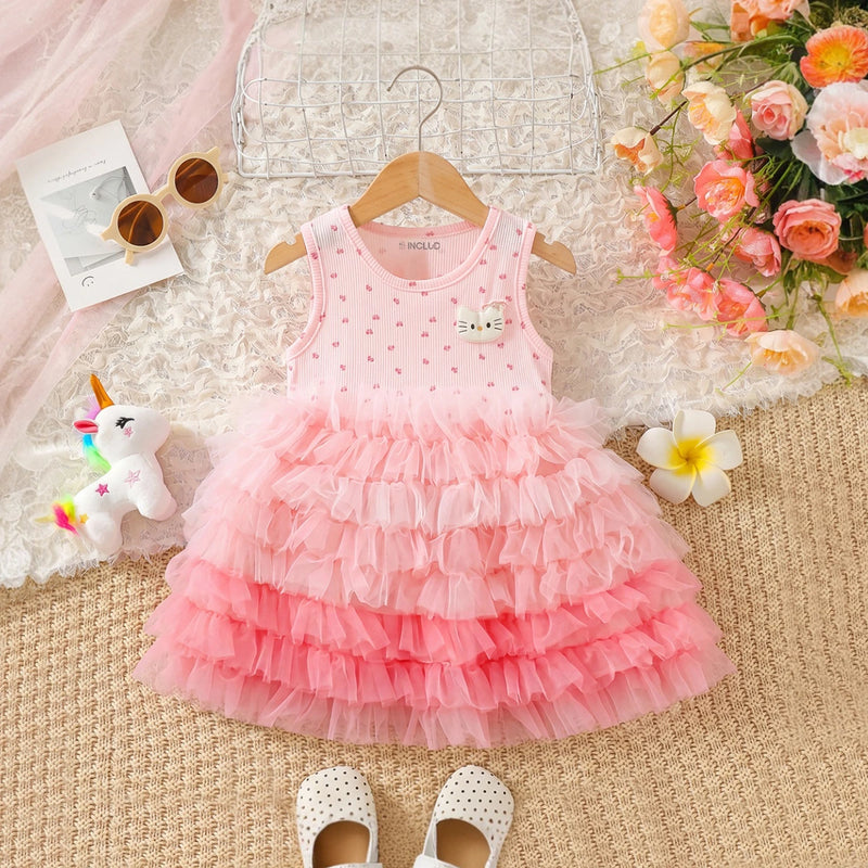 Girls Light Pink Kitty Applique Sleeveless Tiered Dress Casual Dresses Light Pink 1-2 Y