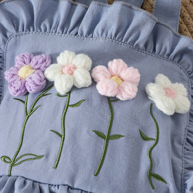 Girls Blue Flowers Applique Pinafore Dress With Short Sleeves Top Casual Dresses