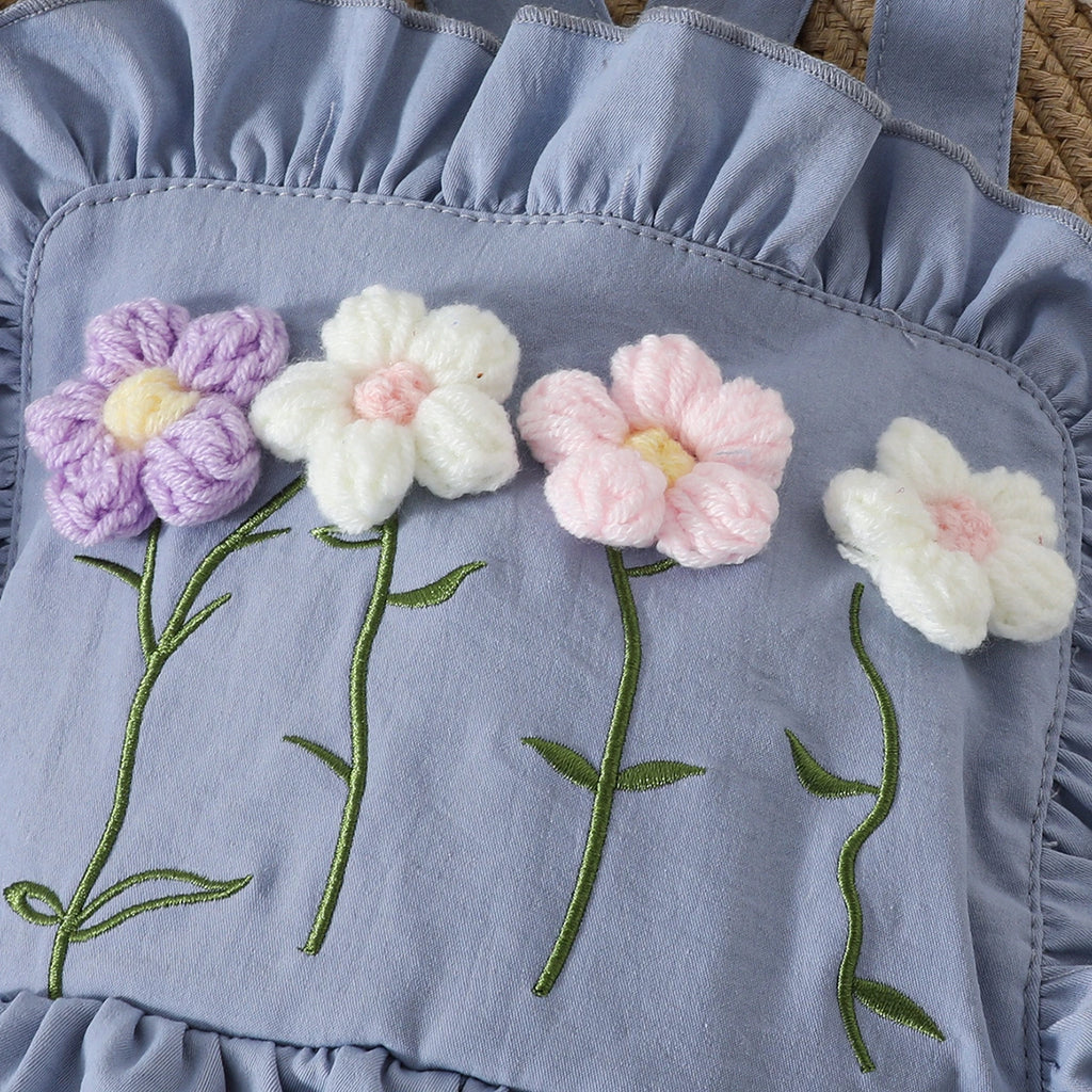 Girls Blue Flowers Applique Pinafore Dress With Short Sleeves Top Casual Dresses