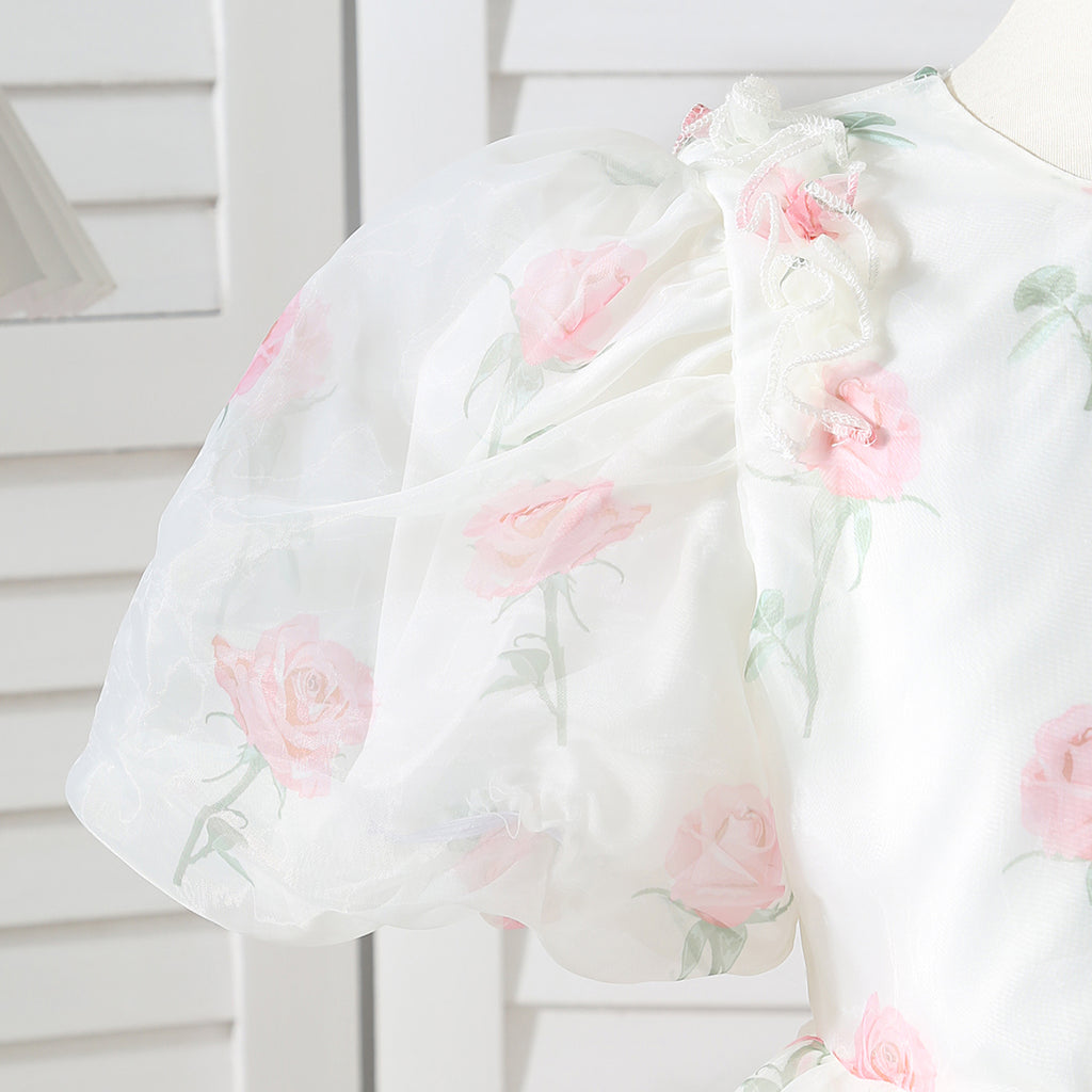 Girls White Floral Printed Party Dress with Statement Back Bow Party Dresses