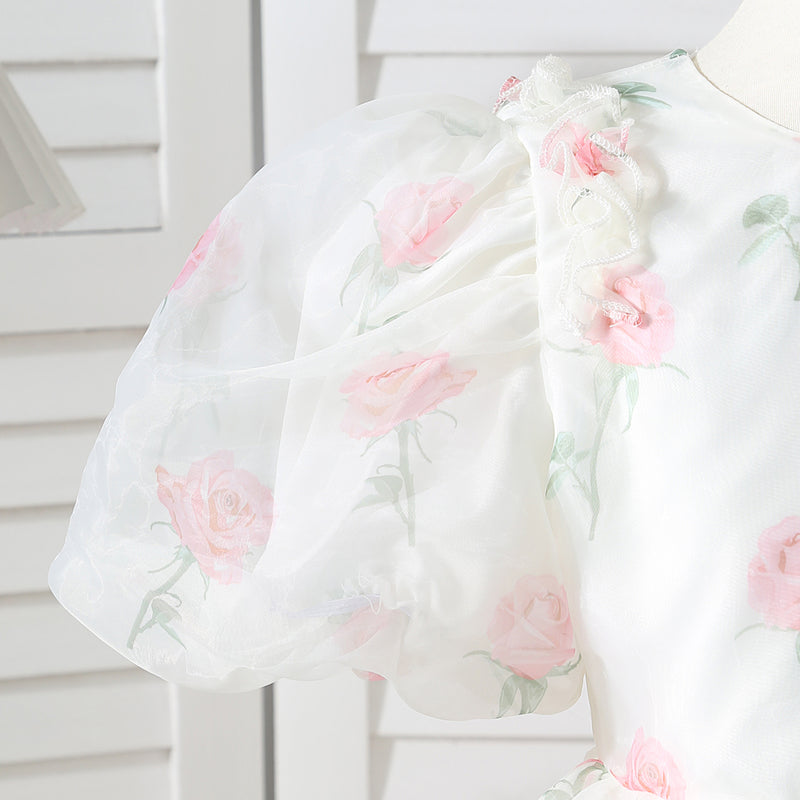 Girls White Floral Printed Party Dress with Statement Back Bow Party Dresses