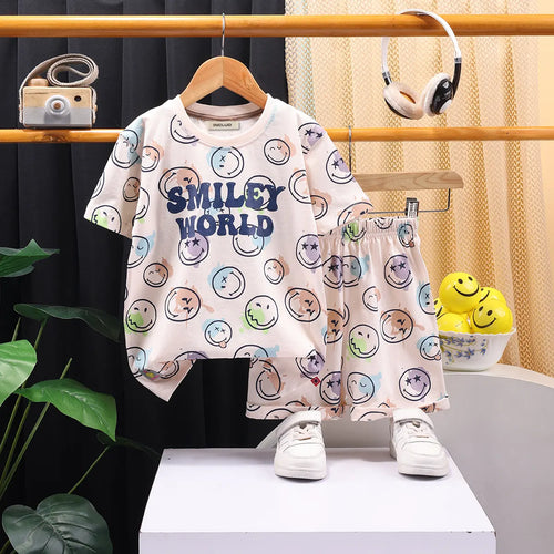 Boys Beige Smiley World Graphics T-Shirt With Elasticated Shorts Sets 2 pc. Sets Beige 3-4 Y