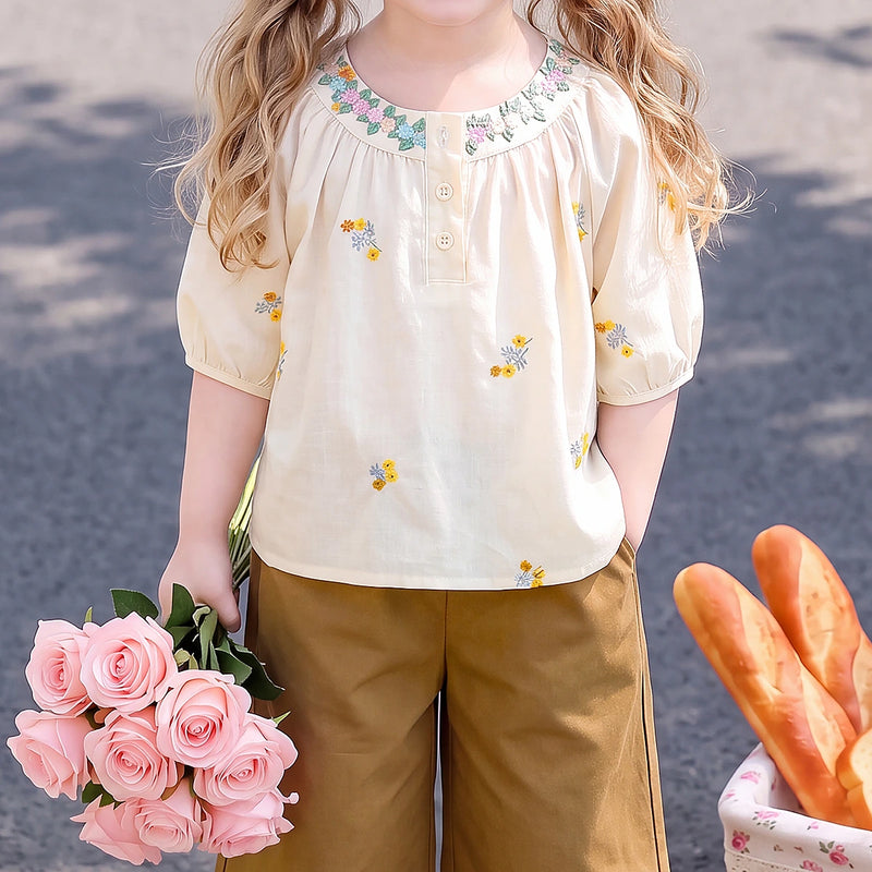 Girls Cream Short Sleeve Floral Embroidered Top With Pants Sets 2 pc. Sets