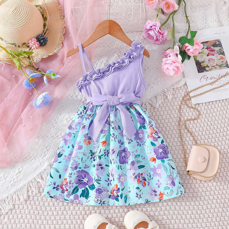 Girls Lavender Floral Print One Shoulder Fit & Flare Dress Casual Dresses Lavender 1-2 Y