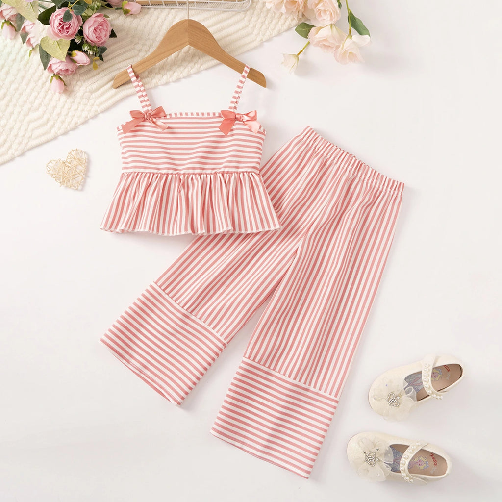 Girls Pink Stripes Sleeveless Peplum Top With Pants Co-ord Sets Sets Pink 1-2 Y