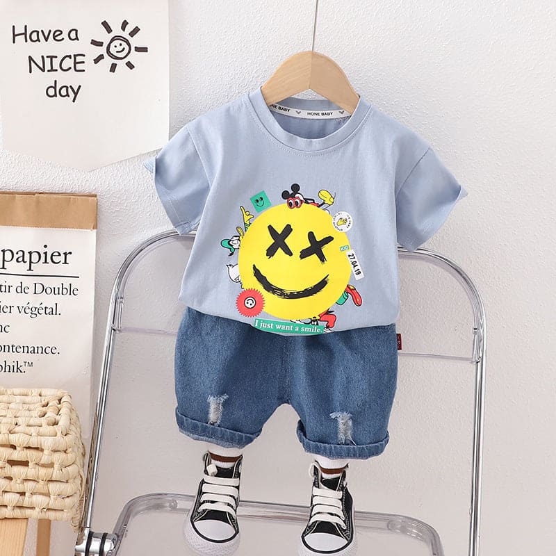 Boys Light Blue Smiley Print Tshirt with Denim Bermuda Sets Light Blue 1-2 Y 