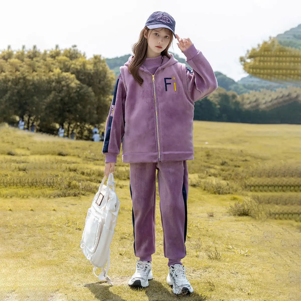 Girls Purple Fi Letters Printed Sweatshirt With Hooded Vest & Jogger Co-ord Sets Sets