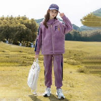 Girls Purple Fi Letters Printed Sweatshirt With Hooded Vest & Jogger Co-ord Sets Sets