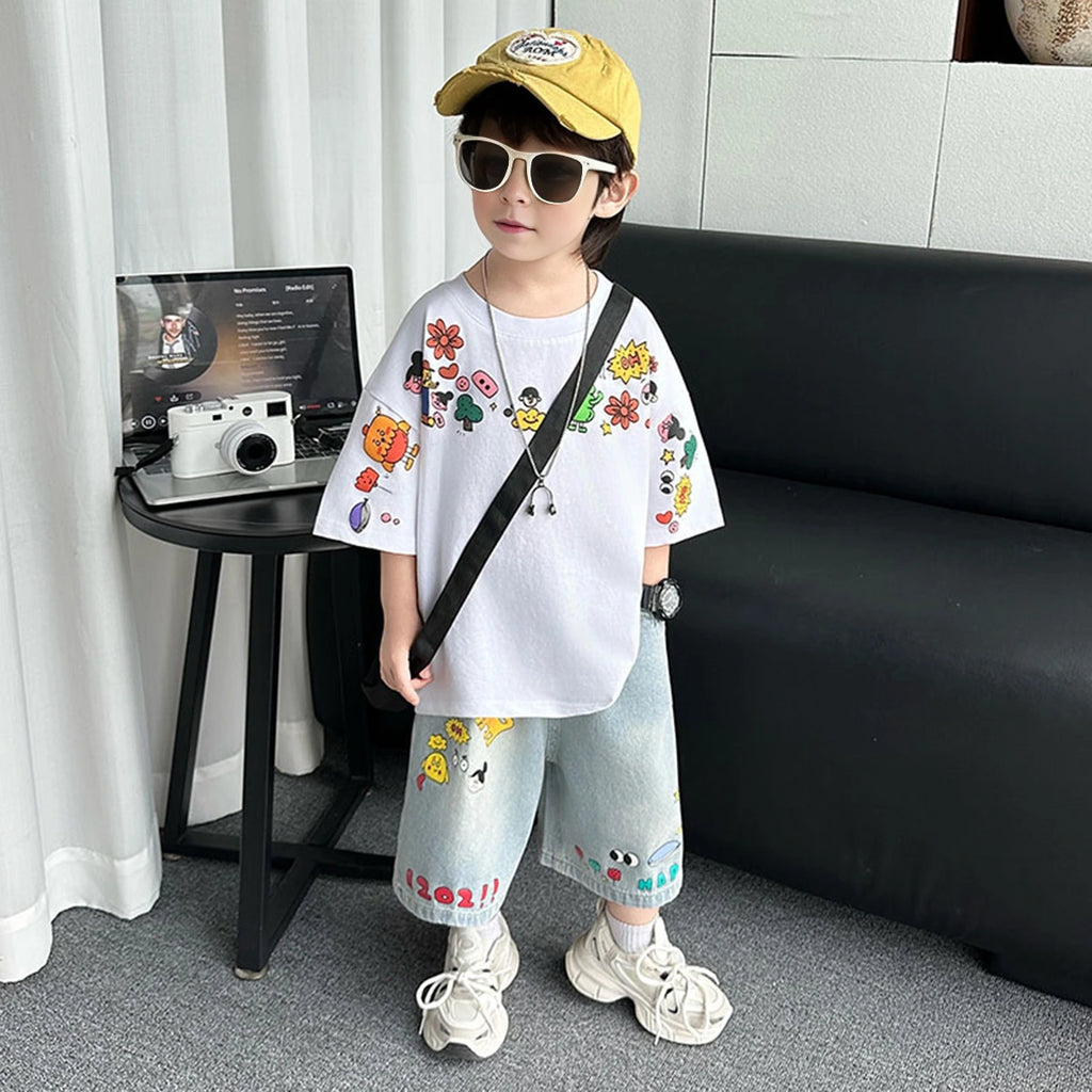 Boys White Graphics Oversized T-Shirt With Denim Cropped Pants Set Sets