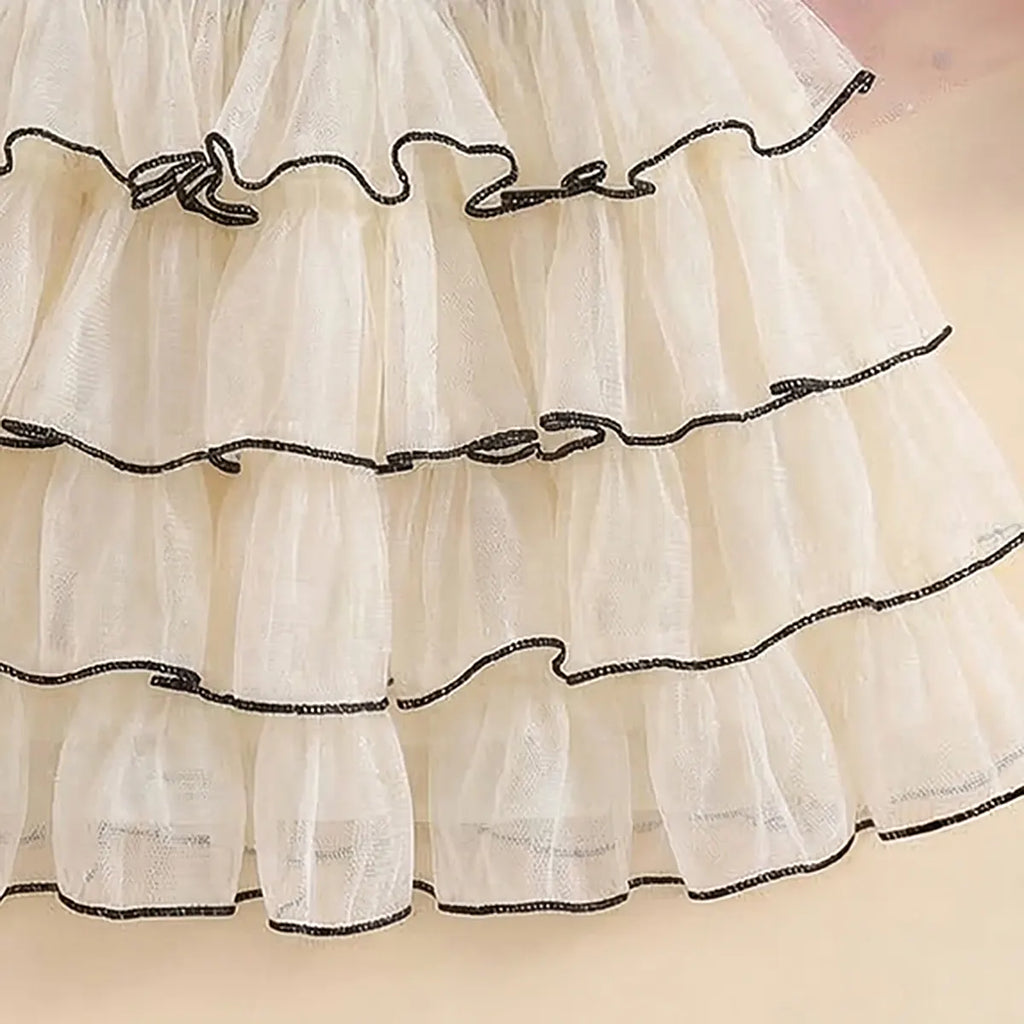 Girls Apricot Flower Applique Multilayer Tiered Fit & Flare Dress Casual Dresses