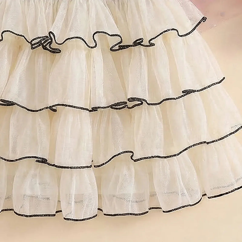 Girls Apricot Flower Applique Multilayer Tiered Fit & Flare Dress Casual Dresses