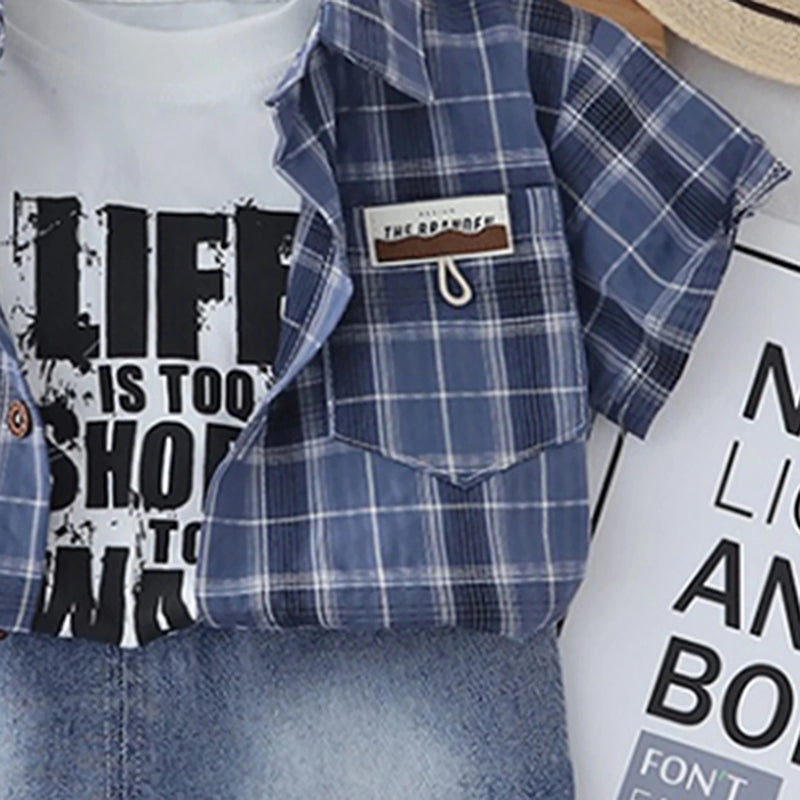 Boys Blue Checked Shirt With Printed T-Shirt & Denim Shorts Set Sets