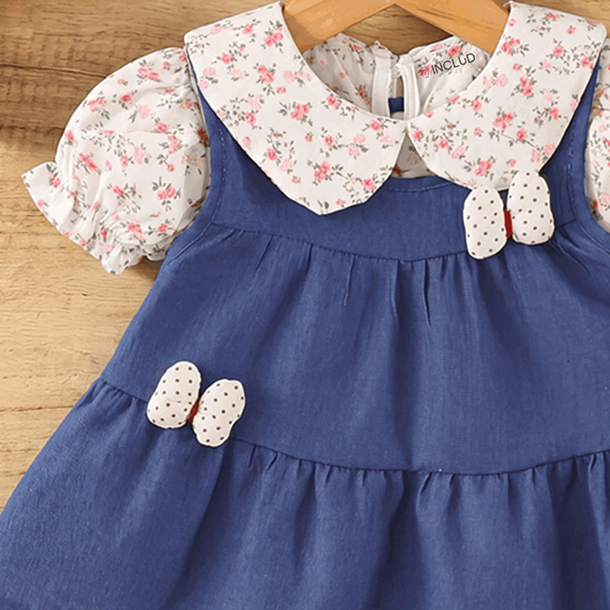 Girls Blue Solid Sleeveless Tiered Dress With Floral Printed Inner Top Casual Dresses