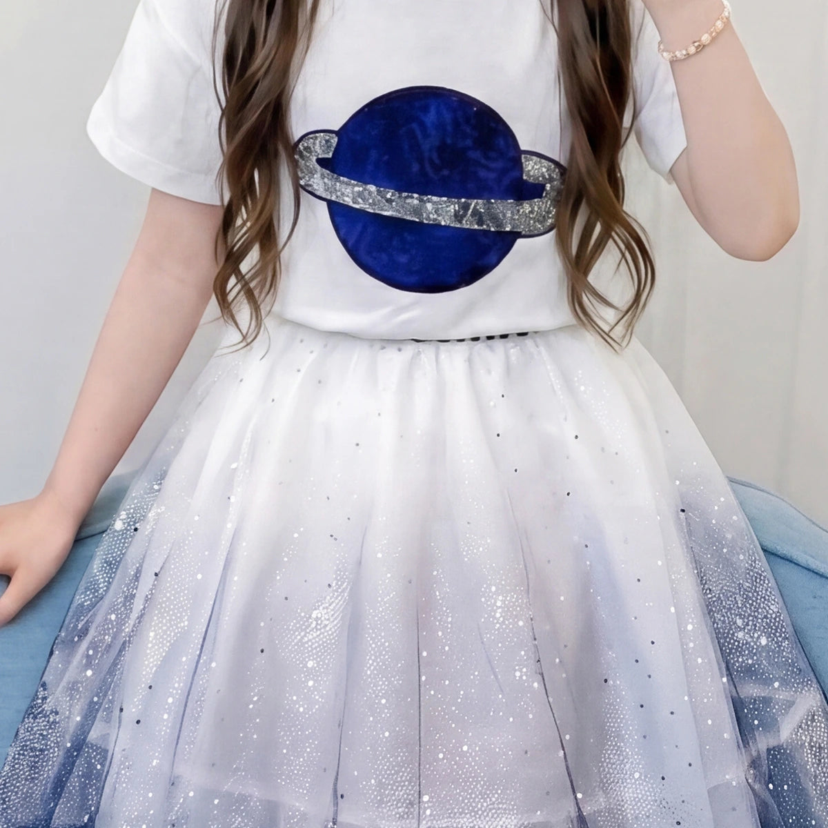 Girls White Planet Graphic Short Sleeve T-Shirt With Skirt Sets 2 pc. Sets