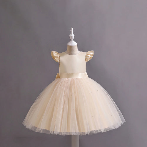Girls Cream Pearl-Embellished Flutter Sleeve Party Wear Dress Party Dresses Cream 1-2 Y
