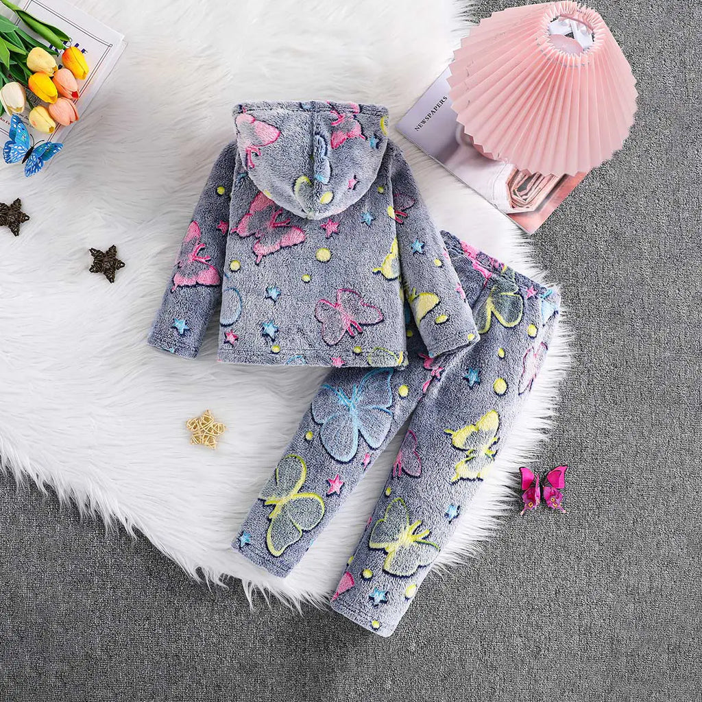 Girls Grey Self-Design Butterfly Patterns Hooded Fleece Sweatshirt With Pant Co-ord Sets 2 pc. Sets