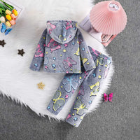 Girls Grey Self-Design Butterfly Patterns Hooded Fleece Sweatshirt With Pant Co-ord Sets 2 pc. Sets