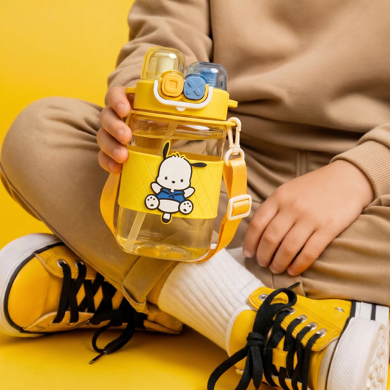 Cute Kids Yellow Dual Spout Water Bottle with Straw, Leakproof Lid & Adjustable Strap Trending Accessories