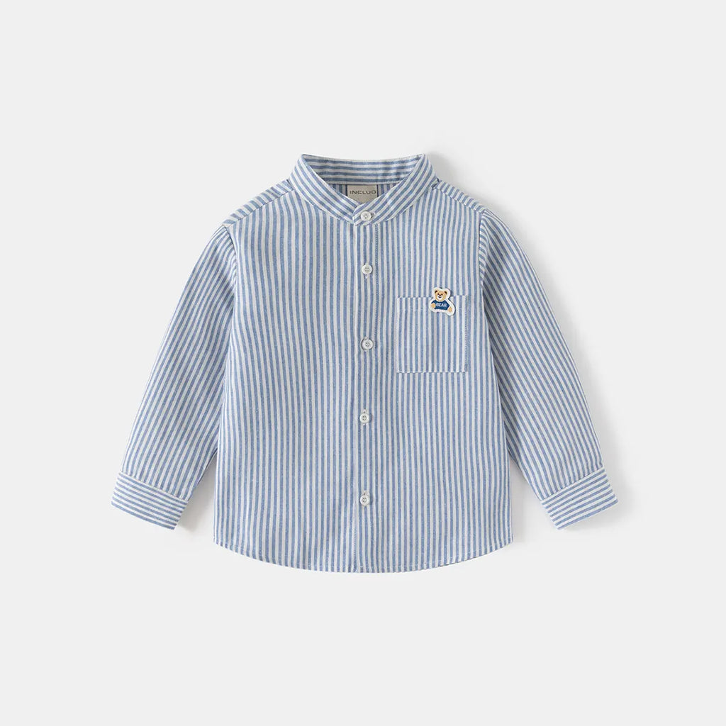 Girls Light Blue Stripes Long Sleeves Shirts With Mandarin Collar Shirts