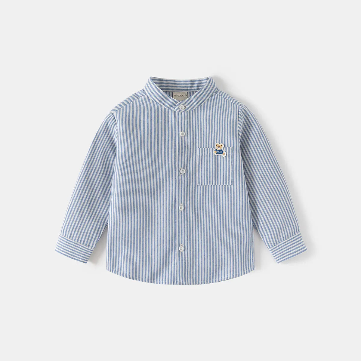 Girls Light Blue Stripes Long Sleeves Shirts With Mandarin Collar Shirts
