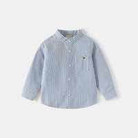 Girls Light Blue Stripes Long Sleeves Shirts With Mandarin Collar Shirts