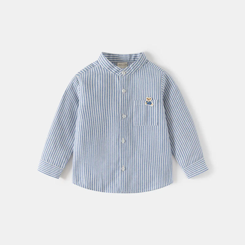 Girls Light Blue Stripes Long Sleeves Shirts With Mandarin Collar Shirts