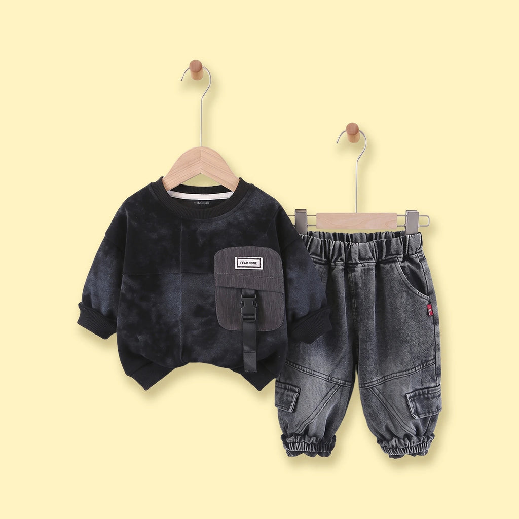Boys Black Tie & Dye Sweatshirt & Denim Cargo Pants Sets Sets Black 1-2 Y