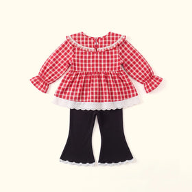 Girls Red Checked Bell Sleeve Top With Pants Sets 2 pc. Sets