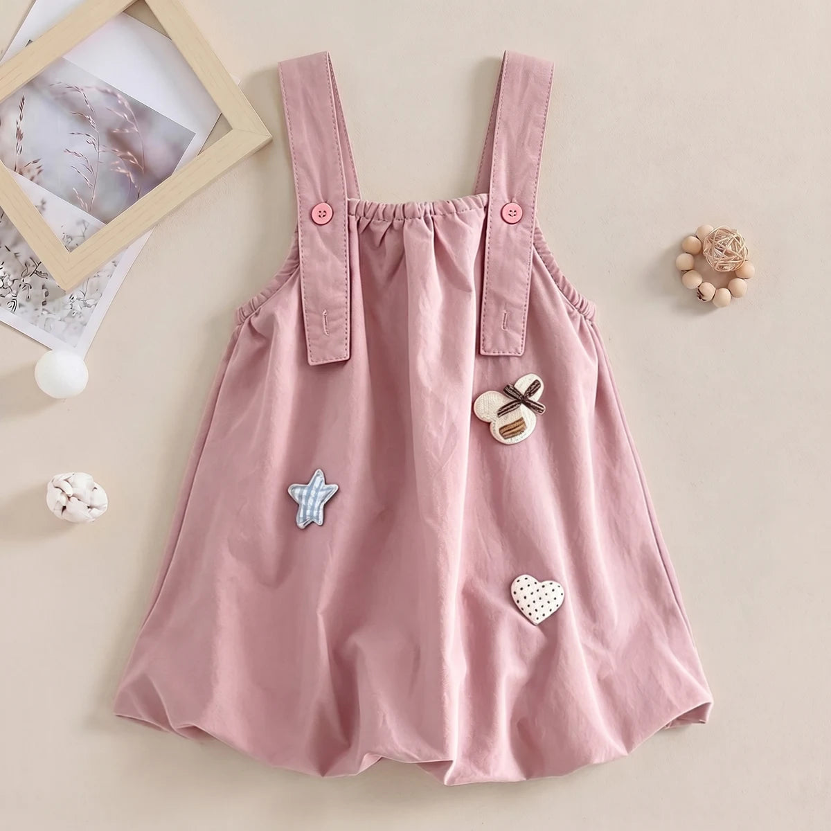 Girls Pink Heart Applique Sleeveless Pinafore Dress Casual Dresses Pink 1-2 Y