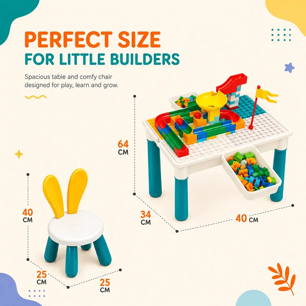Kids Building Block Table with Bunny Chair - 210 Blocks & 4 Storage Bins - 3 Years Plus INCLUD Trending Accessories
