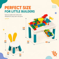 Kids Building Block Table with Bunny Chair - 210 Blocks & 4 Storage Bins - 3 Years Plus INCLUD Trending Accessories