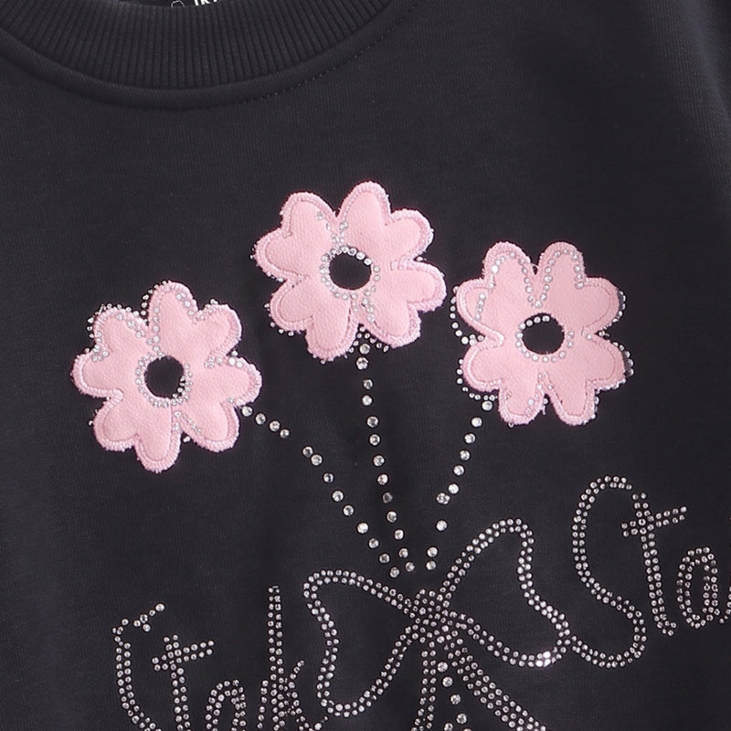 Girls Black Embellished Sweatshirt & Pants Sets Sets