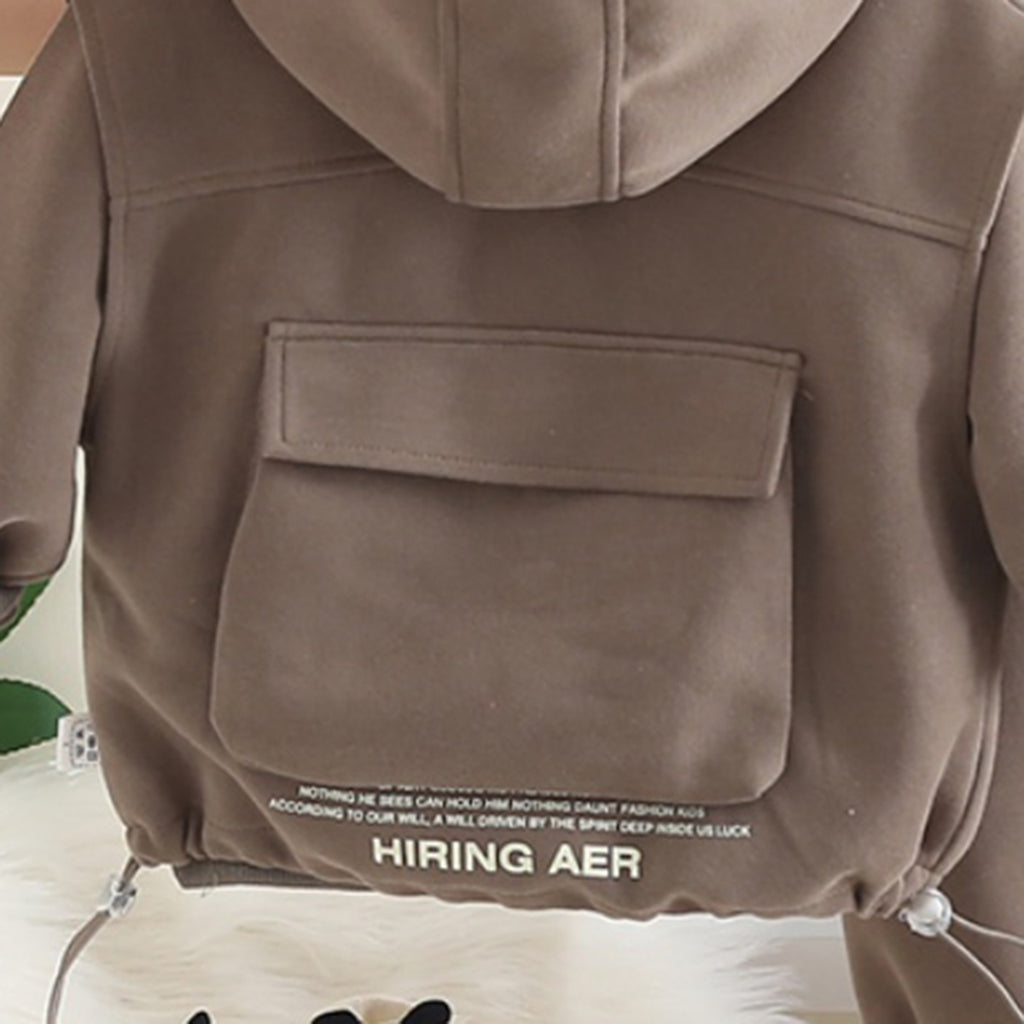 Boys Dark Brown Typographic Printed Hooded Sweatshirt With Sleeveless Jacket and Pants Set 3 pc. Sets