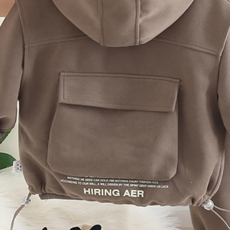 Boys Dark Brown Typographic Printed Hooded Sweatshirt With Sleeveless Jacket and Pants Set 3 pc. Sets