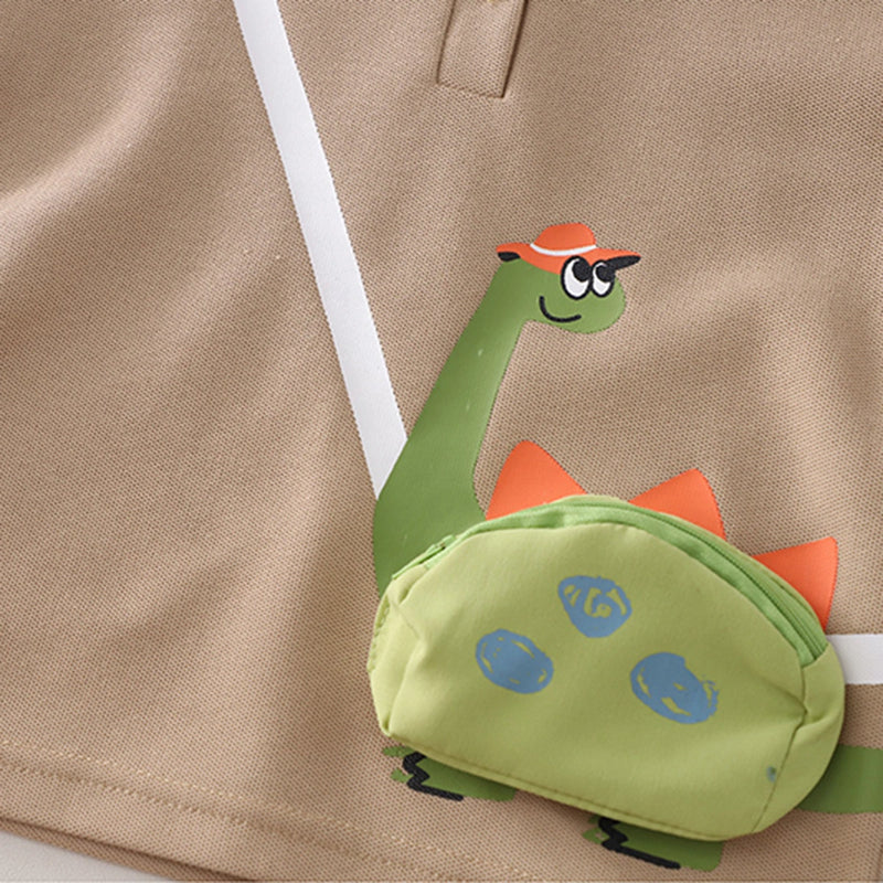Boys Brown Dinosaur Applique Polo T-Shirt With Shorts Set Sets