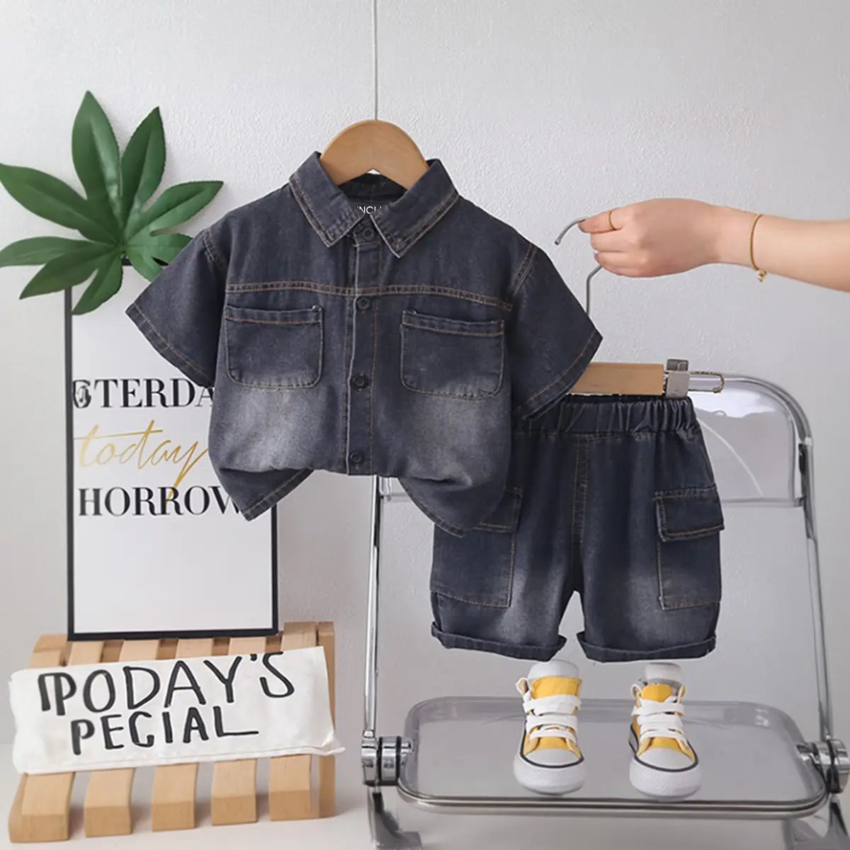 Boys Black Washed Denim Shirt With Shorts Sets Sets Black 1-2 Y