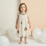 Girls Beige Floral Embroidered Sleeveless A-line Dress