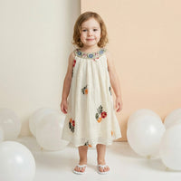 Girls Beige Floral Embroidered Sleeveless A-line Dress Casual Dresses Beige 1-2 Y